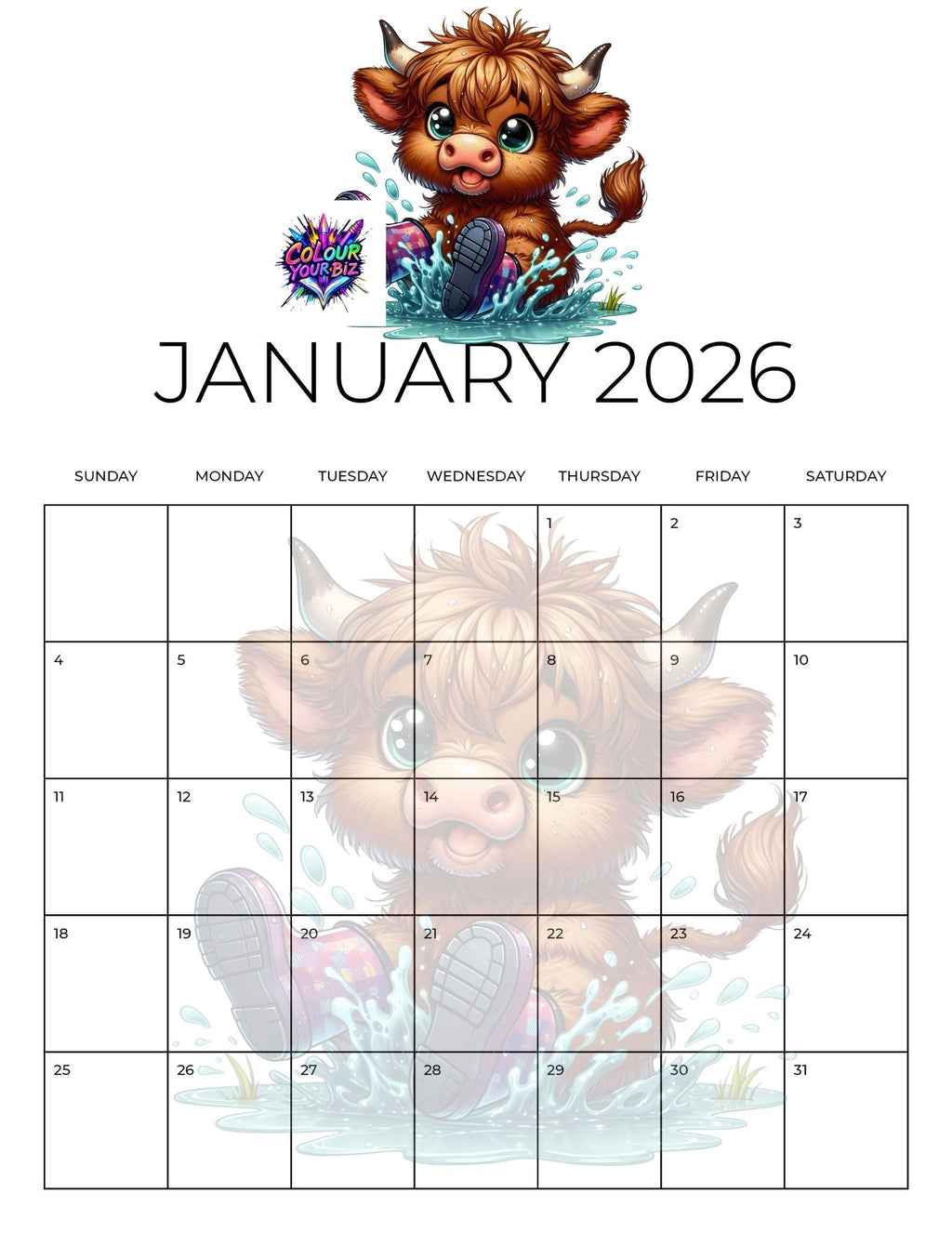 Cute Highland Cows 2026 Calendar