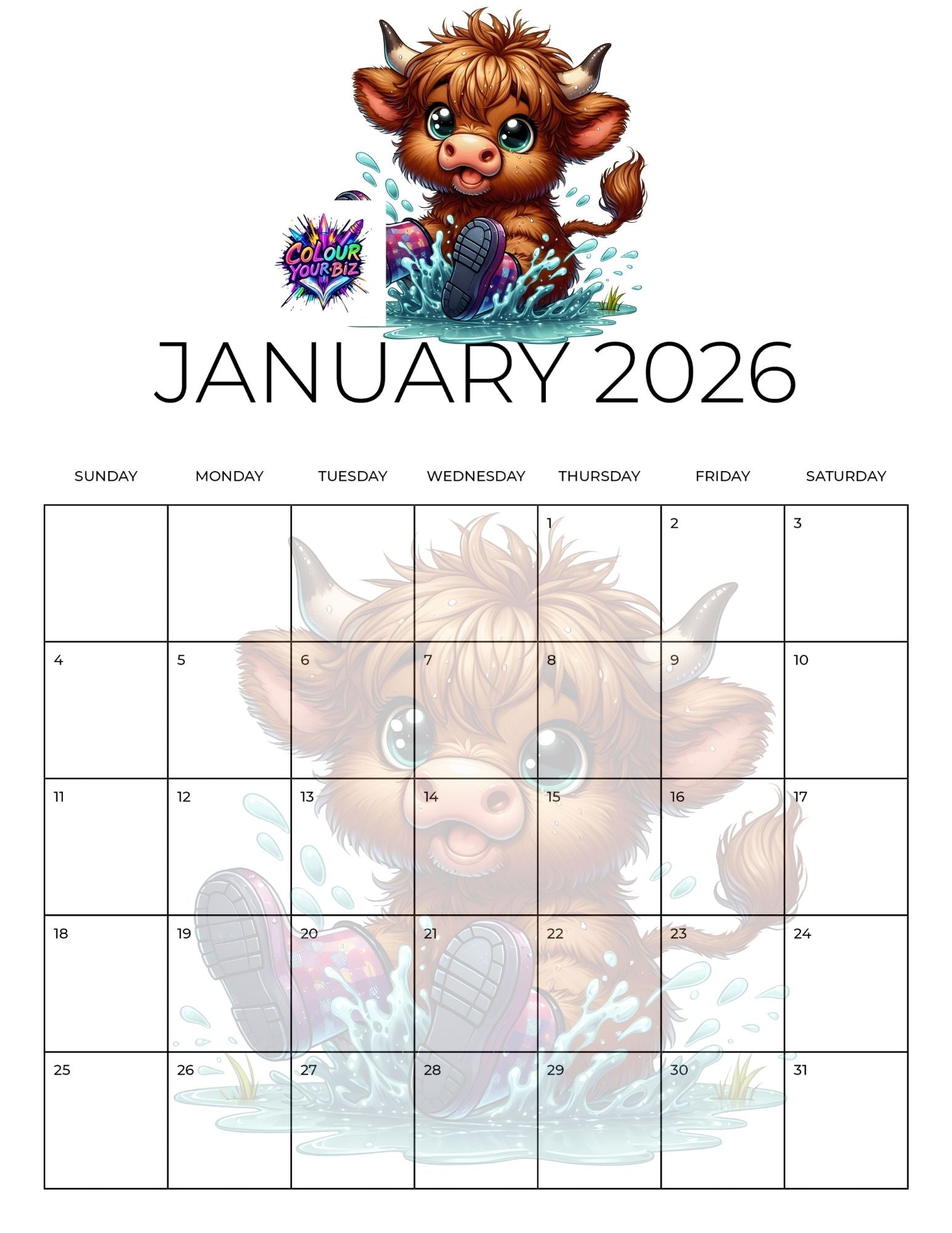 Cute Highland Cows 2026 Calendar