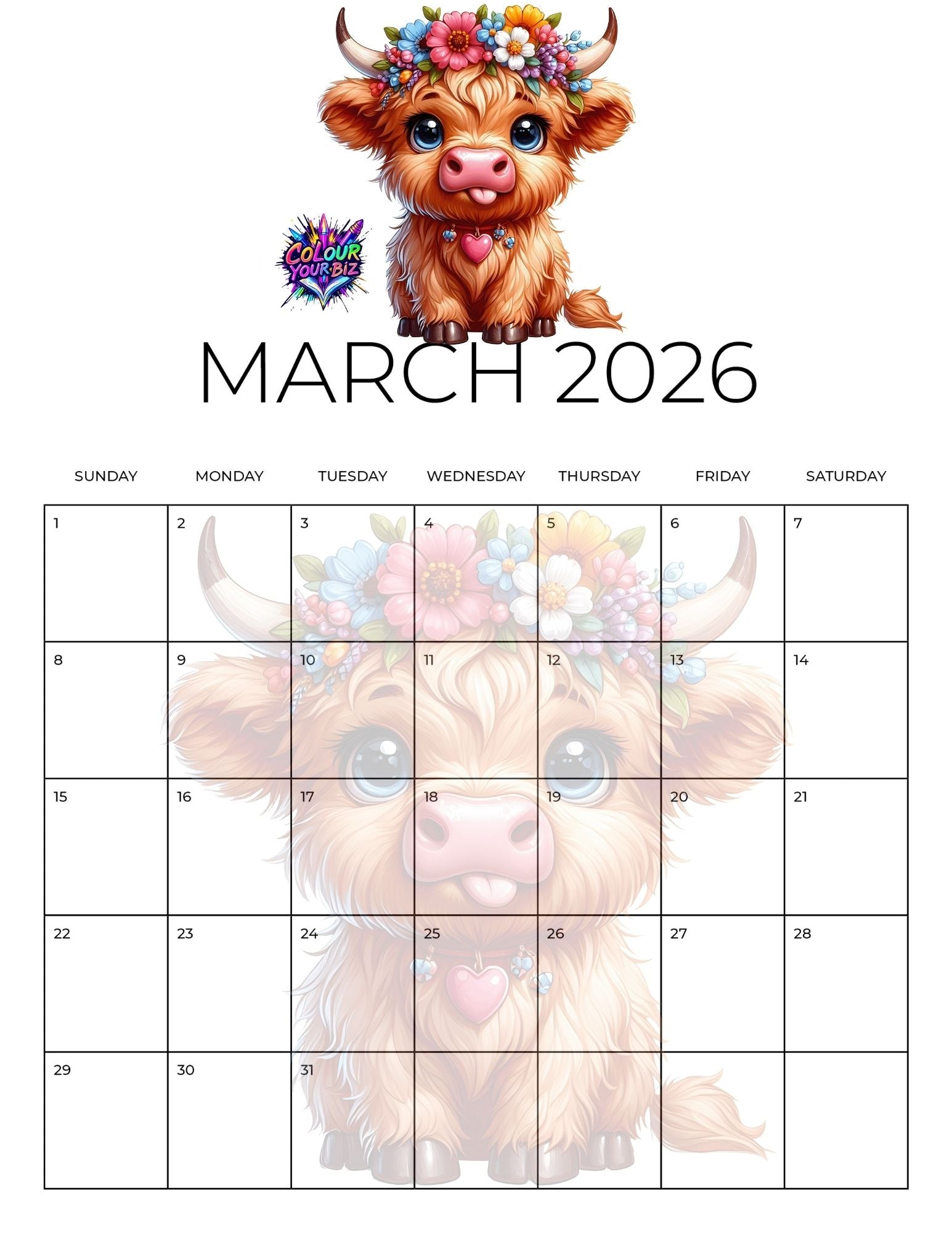 Cute Highland Cows 2026 Calendar