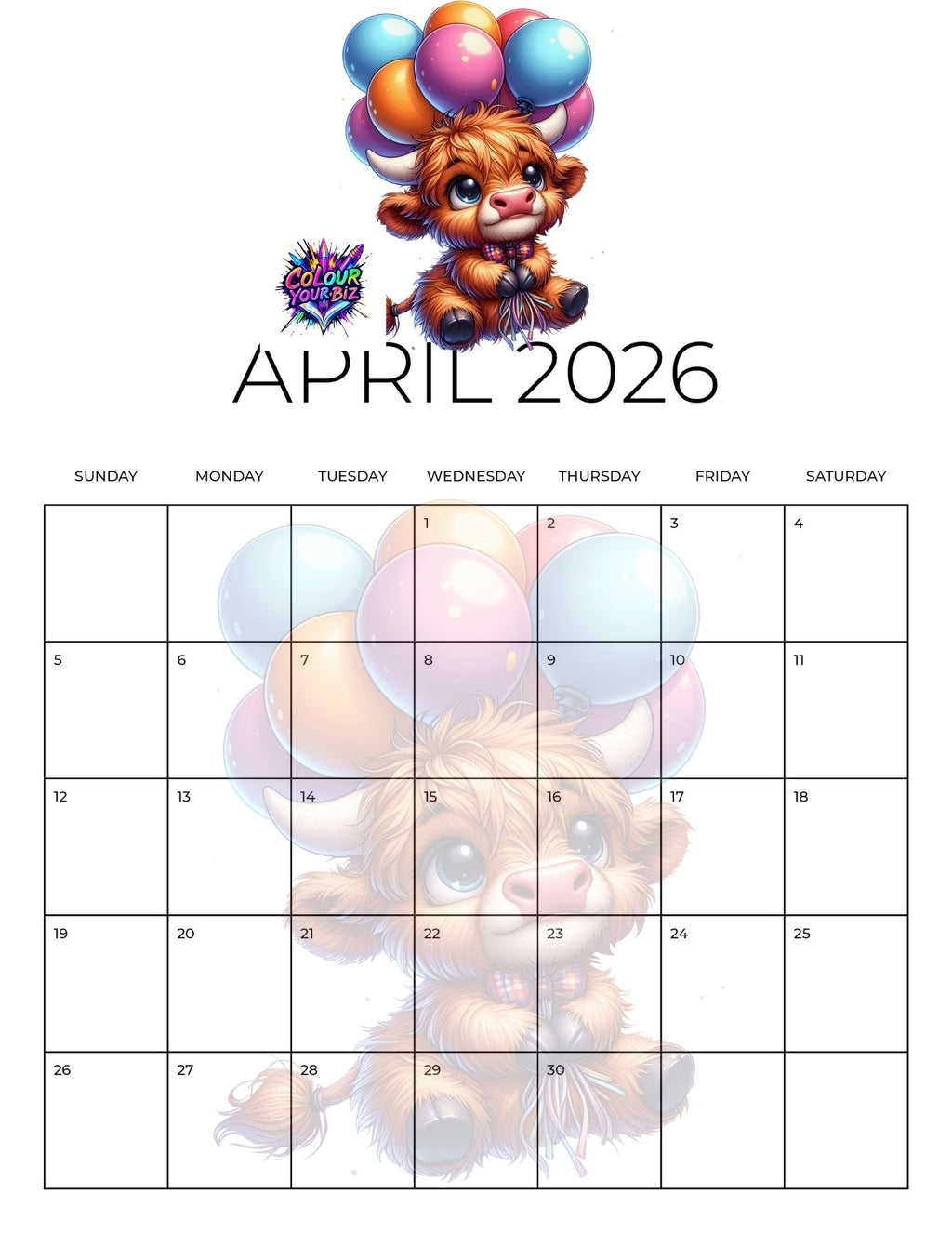 Cute Highland Cows 2026 Calendar