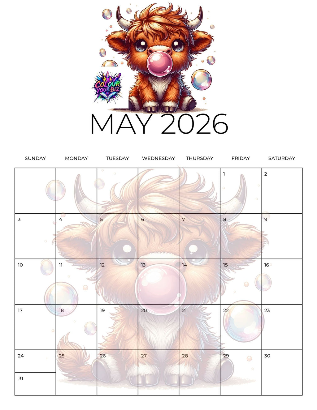 Cute Highland Cows 2026 Calendar