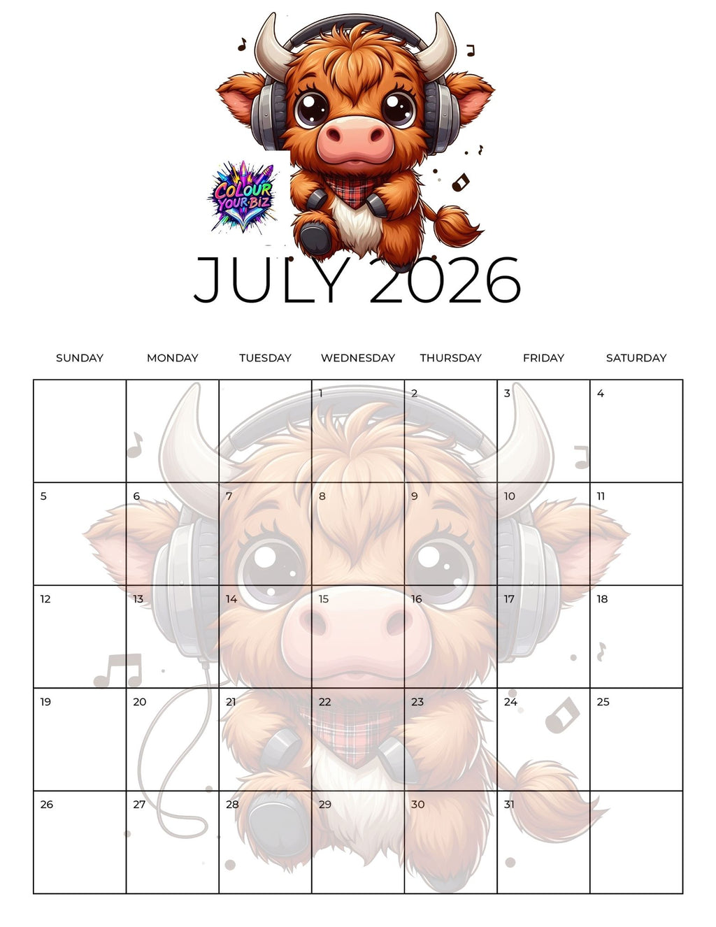 Cute Highland Cows 2026 Calendar