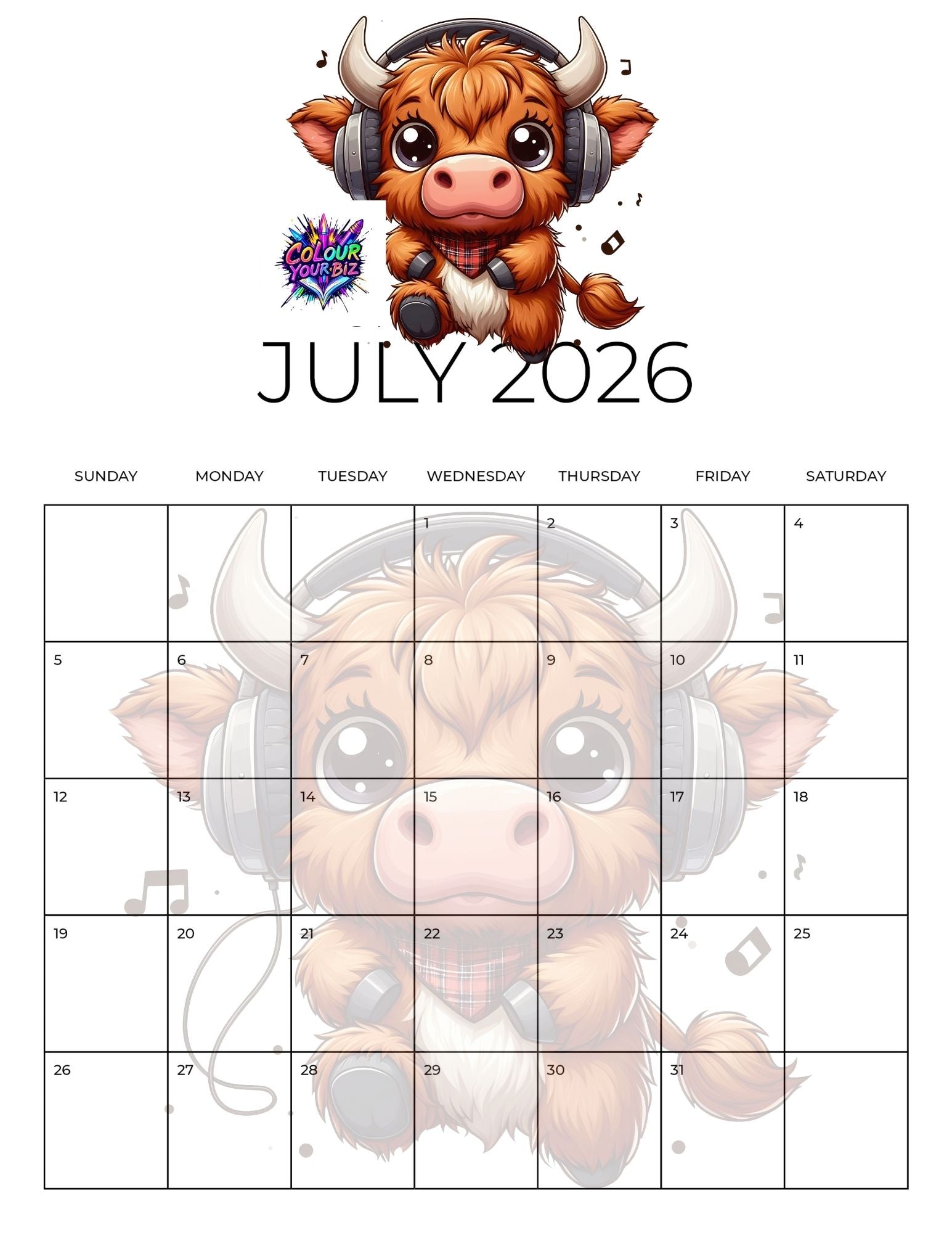 Cute Highland Cows 2026 Calendar